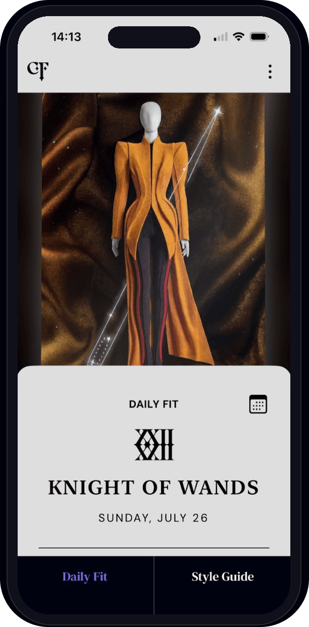 Cosmic Fit app showing today's Daily Fit: Knight of Wands with a structured ochre coat look